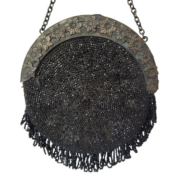 Handbags - Black Beaded Small Purse With Floral Metal Frame & Fringe Detail Antique